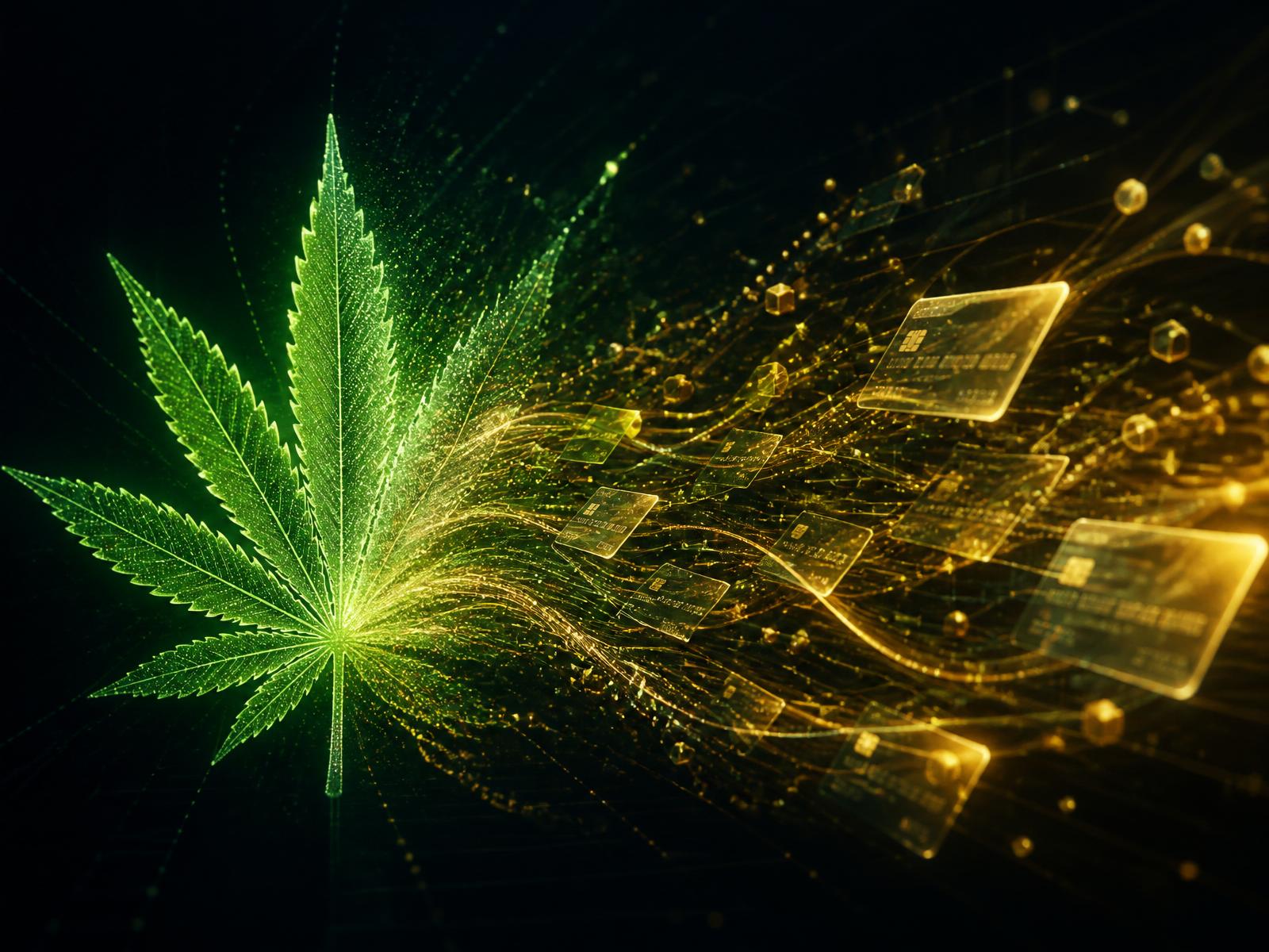 Cannabis leaf dissolving into a stream of digital payment cards